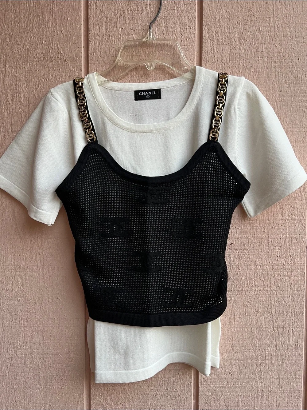 CHANEL White Knit Tee with Black Mesh Overlay Top size XS